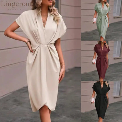 Women’s Casual Dress Midi Dress Ruched Date Vacation Streetwear Basic V Neck Short Sleeve Black Pink Dark Green Color