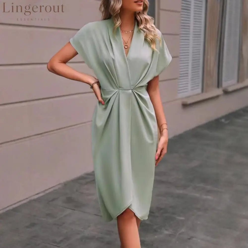 Women’s Casual Dress Midi Dress Ruched Date Vacation Streetwear Basic V Neck Short Sleeve Black Pink Dark Green Color