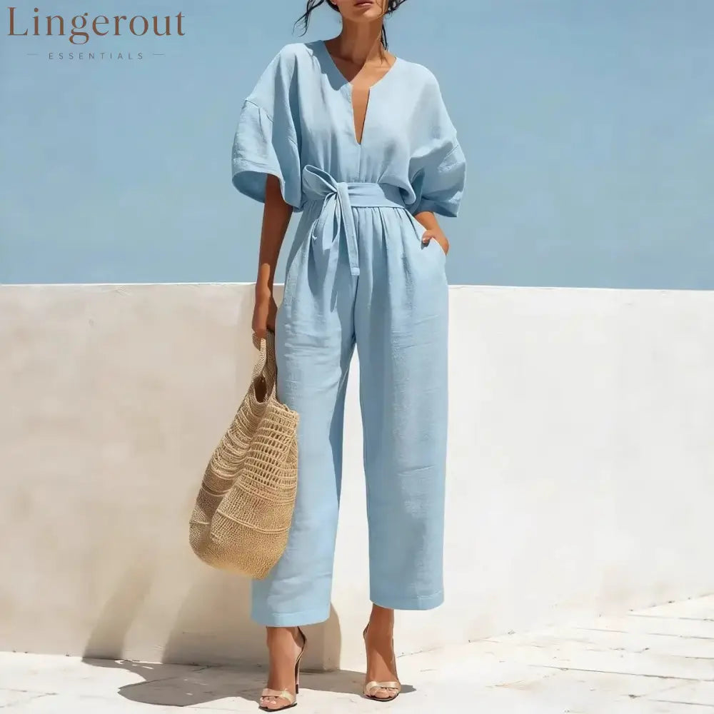 Women’s Casual Linen Jumpsuit with Lantern Sleeves