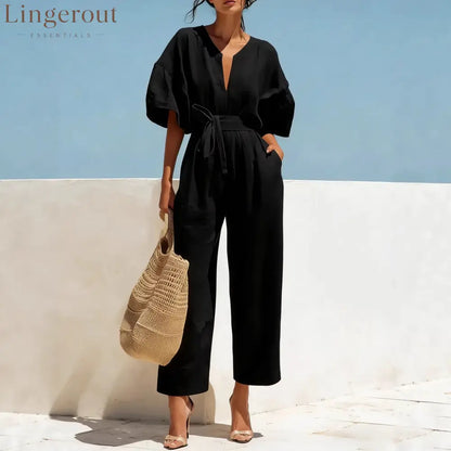 Women’s Casual Linen Jumpsuit with Lantern Sleeves