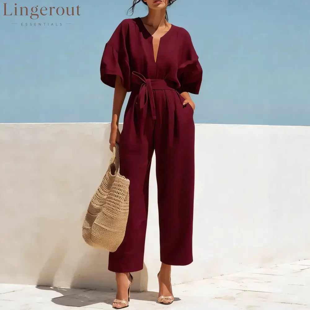 Women’s Casual Linen Jumpsuit with Lantern Sleeves