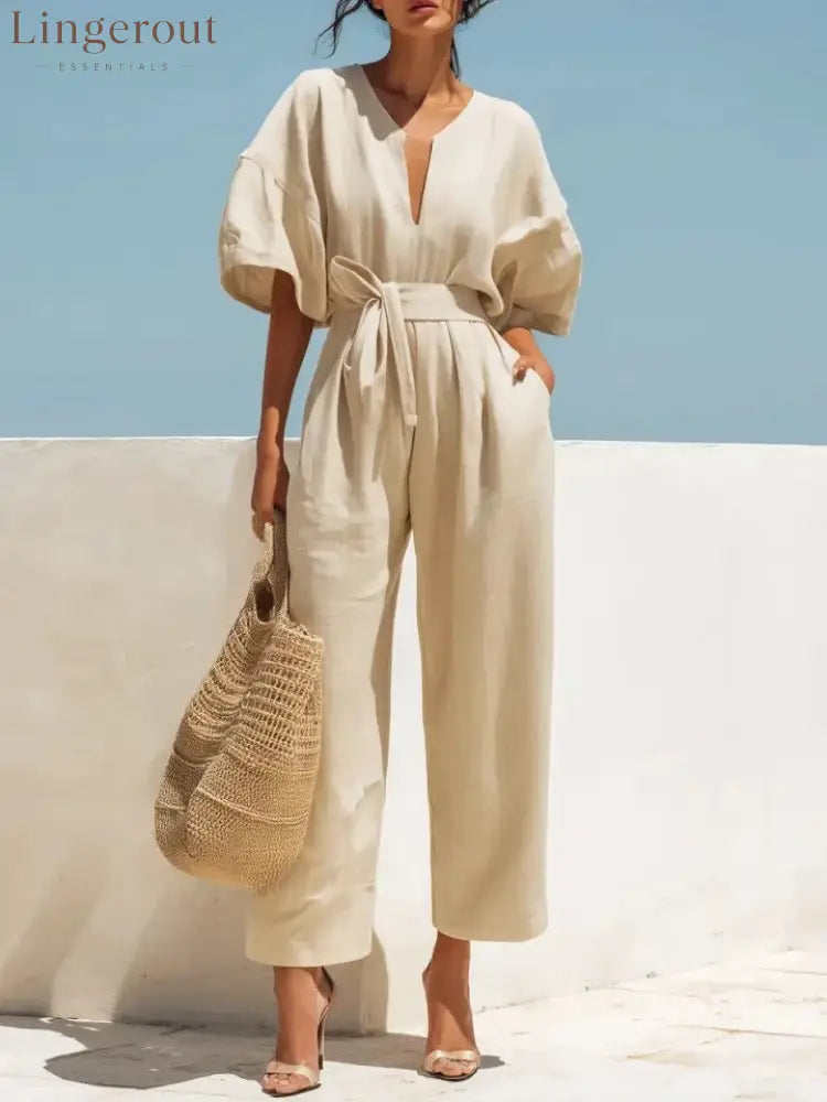 Women’s Casual Linen Jumpsuit with Lantern Sleeves