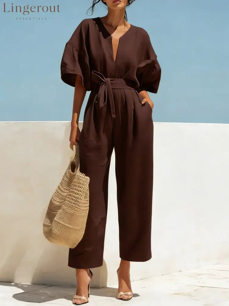 Women’s Casual Linen Jumpsuit with Lantern Sleeves
