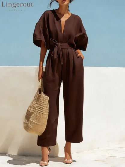 Women’s Casual Linen Jumpsuit with Lantern Sleeves