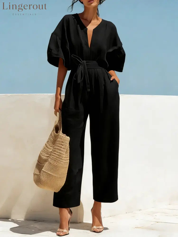 Women’s Casual Linen Jumpsuit with Lantern Sleeves - Black / S