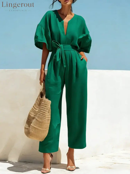 Women’s Casual Linen Jumpsuit with Lantern Sleeves - Dark green / S