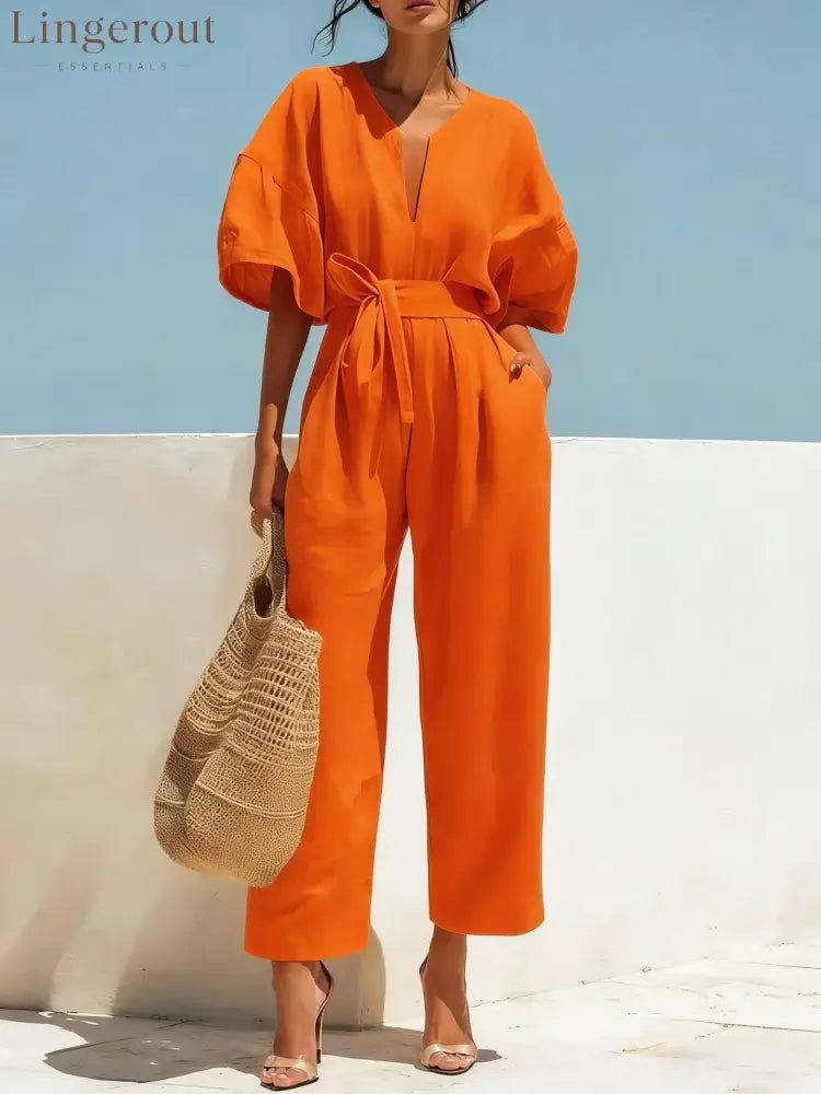 Women’s Casual Linen Jumpsuit with Lantern Sleeves - Orange red / S