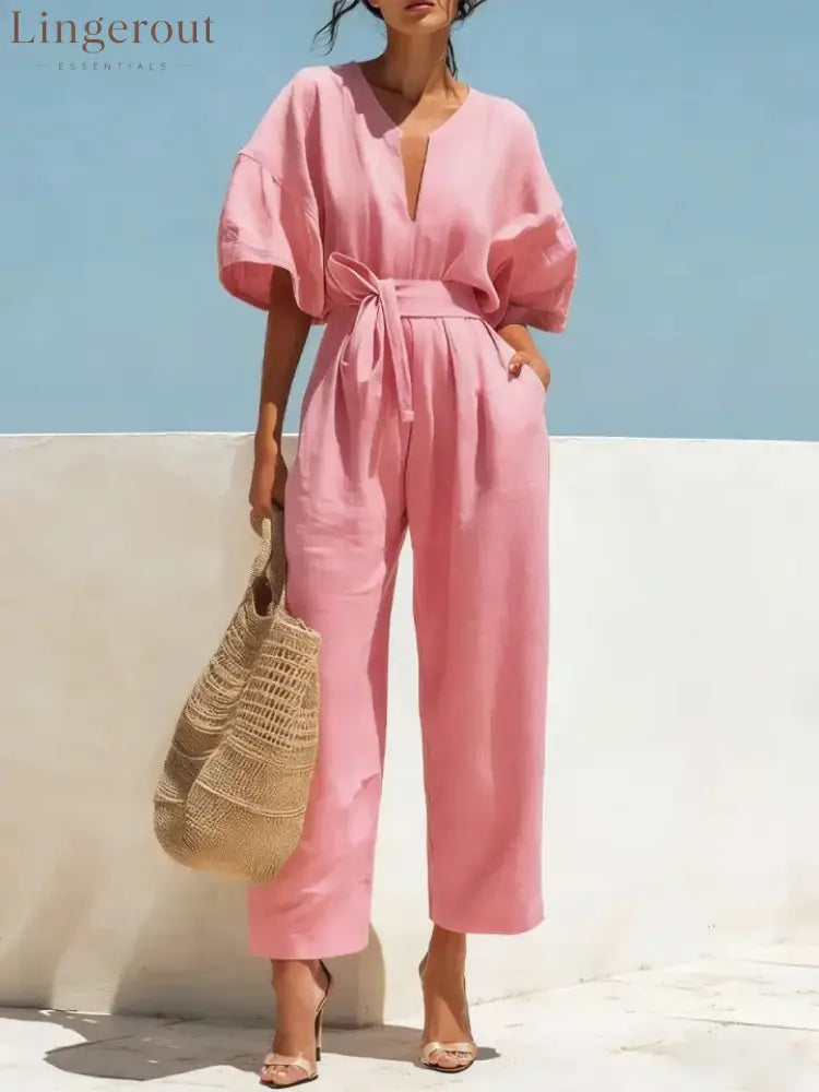 Women’s Casual Linen Jumpsuit with Lantern Sleeves - Pink / S