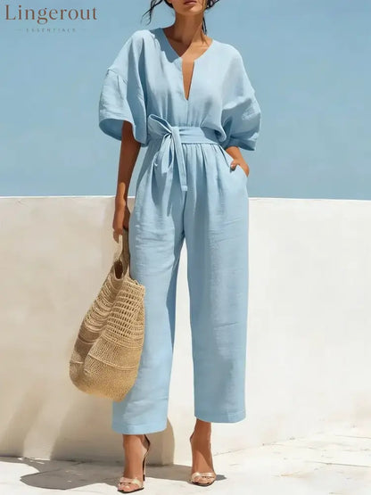 Women’s Casual Linen Jumpsuit with Lantern Sleeves - Sky blue / S