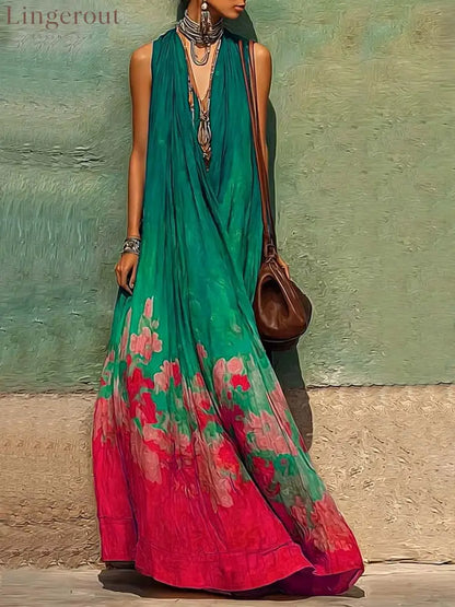Women’s Casual Loose Cotton-linen Dress, V-neck Sleeveless With Placement Print - Green / S