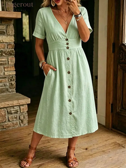 Women’s Casual Loose-fitting Linen And Cotton Short Sleeve Dress - Green / S