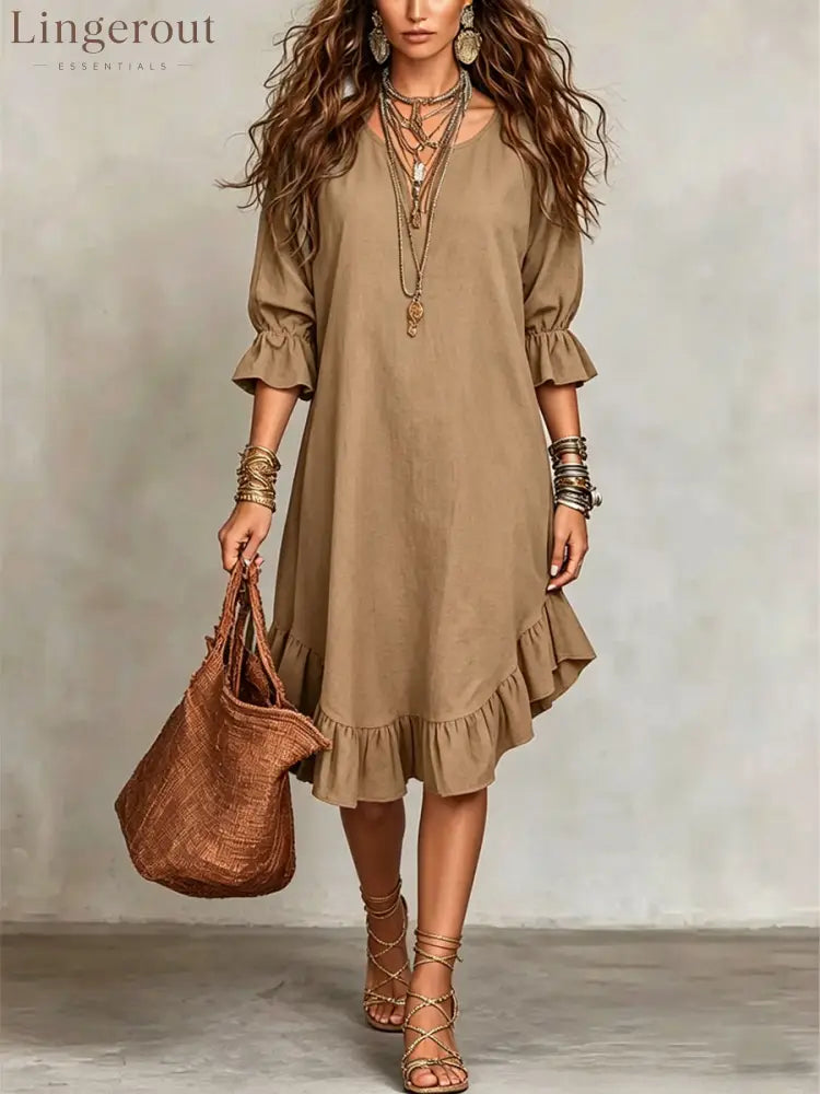 Women’s Casual Loose-fitting Round Neck Ruffles Linen And Cotton Short-sleeved Dress - Khaki / S