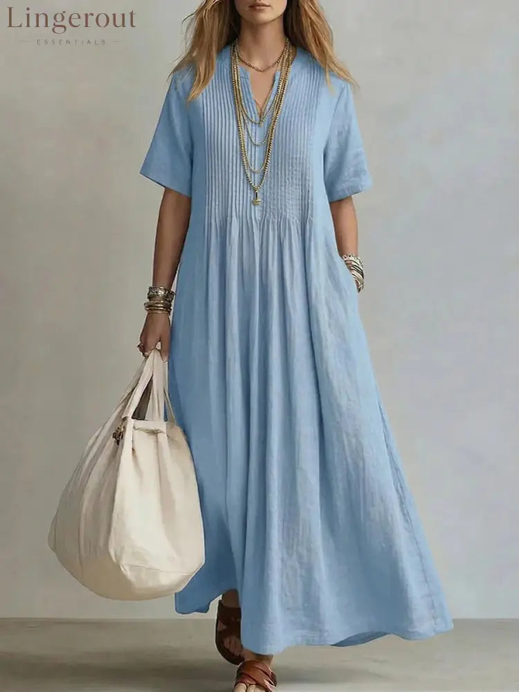 Women’s Casual Loose Short Sleeve Maxi Dress - Light blue / S
