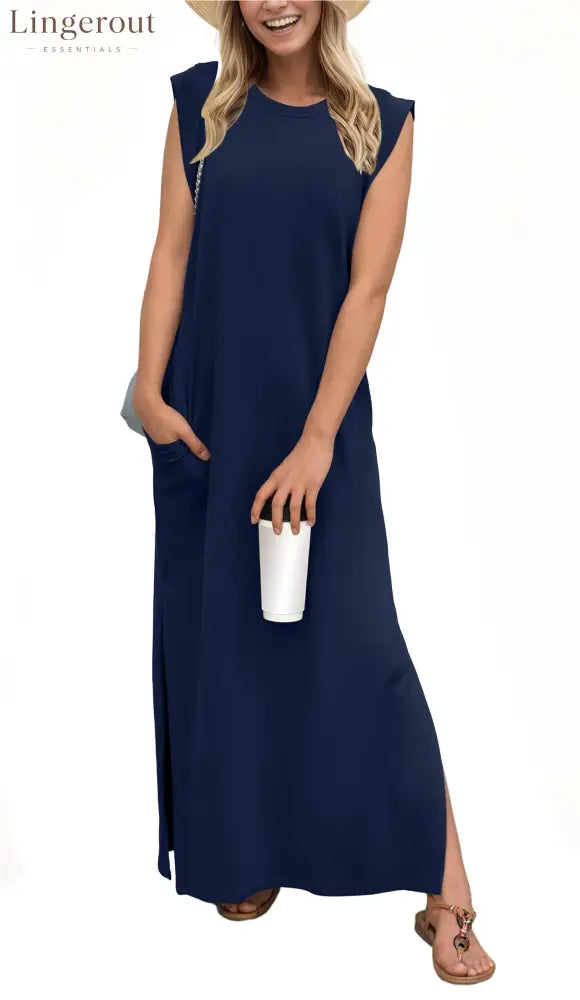 Women’s Casual Loose Split Wrinkle-Free Maxi Dress - Navy Blue / S