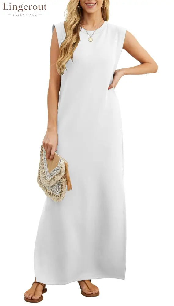 Women’s Casual Loose Split Wrinkle-Free Maxi Dress - White / S