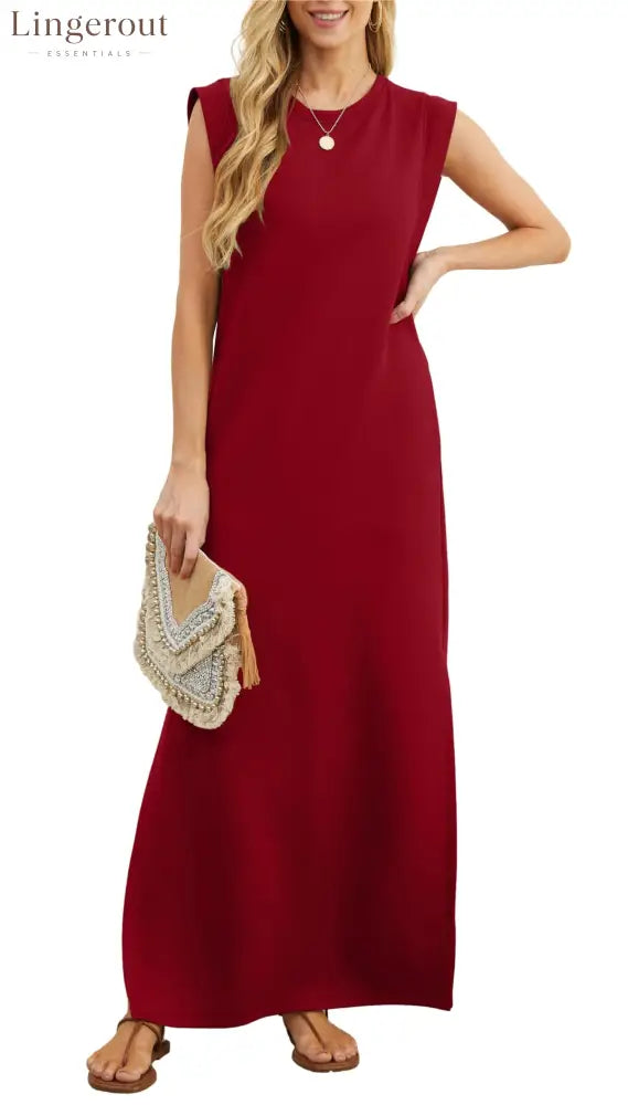 Women’s Casual Loose Split Wrinkle-Free Maxi Dress - Wine Red / S