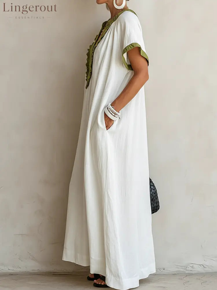 Women’s Casual Resort-Style Cotton-Linen V-Neck Short-Sleeve Loose Maxi Dress - Dress