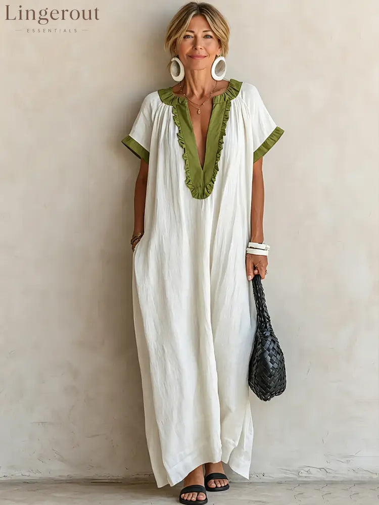 Women’s Casual Resort-Style Cotton-Linen V-Neck Short-Sleeve Loose Maxi Dress - Dress