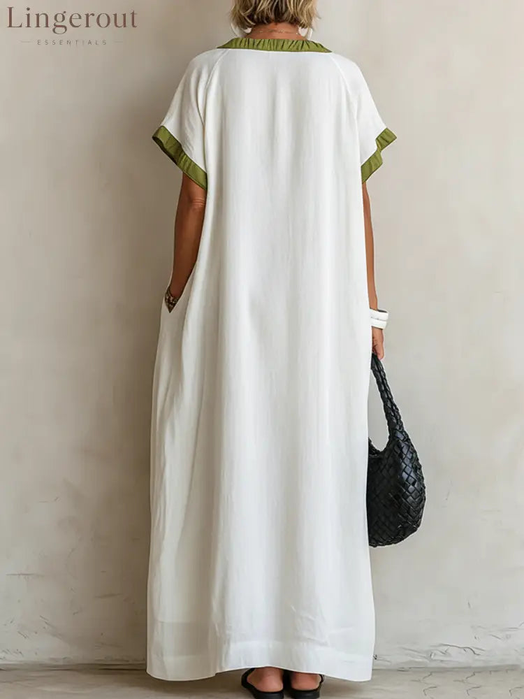 Women’s Casual Resort-Style Cotton-Linen V-Neck Short-Sleeve Loose Maxi Dress - Dress