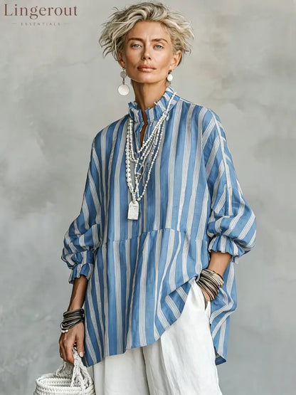 Women's Casual Retro Stand Collar, Vertical Stripes, Linen Blend, Half-Sleeves Loose-Fit Shirt ZMZ2818E2ZYY