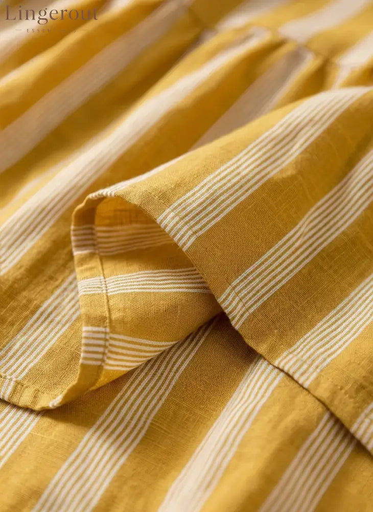 Women's Casual Retro Stand Collar, Vertical Stripes, Linen Blend, Half-Sleeves Loose-Fit Shirt ZMZ2818E2ZYY