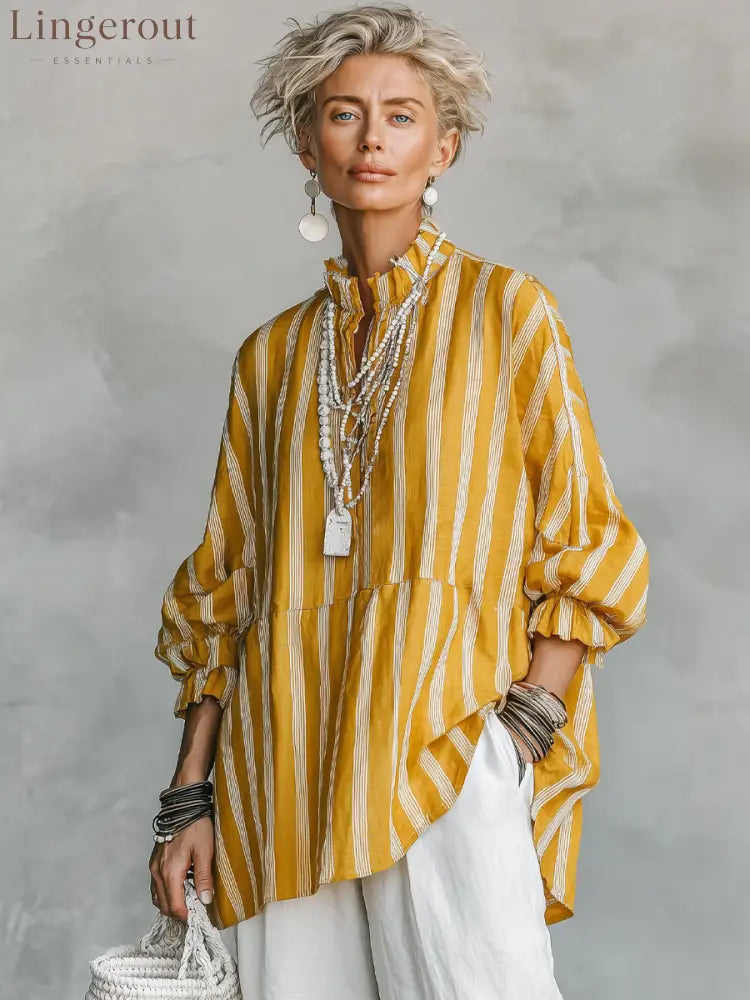 Women's Casual Retro Stand Collar, Vertical Stripes, Linen Blend, Half-Sleeves Loose-Fit Shirt ZMZ2818E2ZYY