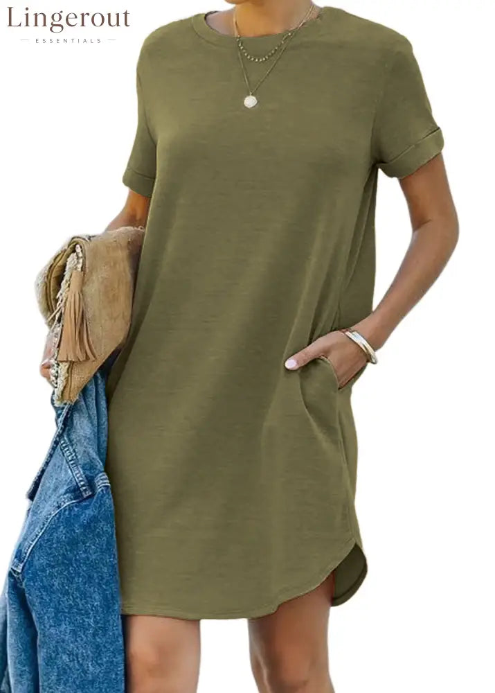 🔥Women’s Casual Short Sleeve T Shirt Dress Basic Dresses with Pockets(Buy 2 Free Shipping) - Olive Green / S