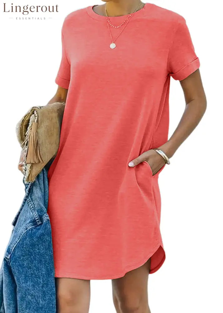 🔥Women’s Casual Short Sleeve T Shirt Dress Basic Dresses with Pockets(Buy 2 Free Shipping) - Watermelon Red / S