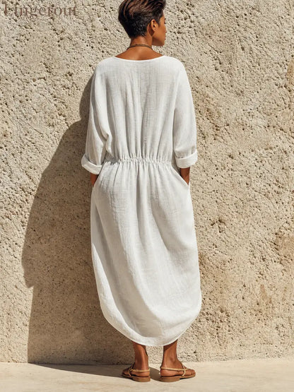 Women’s Casual Solid Color Cotton Linen Round Neck Long Sleeve Maxi Dress - Dress