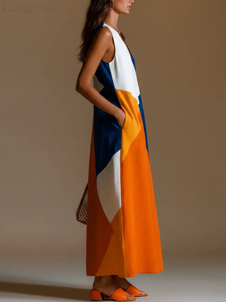 Women’s Casual Vacation-Style Loose-Fit Sleeveless V-Neck Multi-Color Patchwork Cotton-Linen Maxi Dress