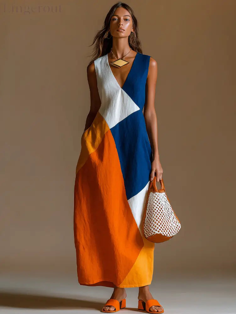 Women’s Casual Vacation-Style Loose-Fit Sleeveless V-Neck Multi-Color Patchwork Cotton-Linen Maxi Dress