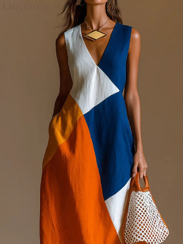 Women’s Casual Vacation-Style Loose-Fit Sleeveless V-Neck Multi-Color Patchwork Cotton-Linen Maxi Dress