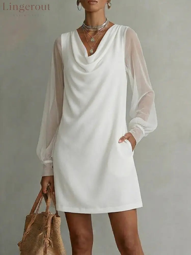 Women’s Chiffon Cowl-neck Long-sleeve Dress - White / S
