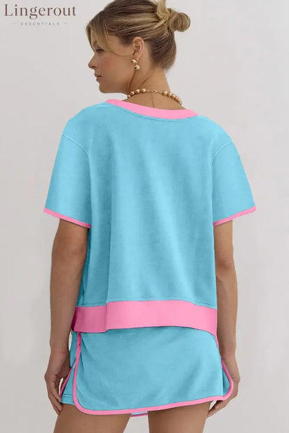 Women’s Colorblock Edge Drop Shoulder T Shirt Skort 2 Pcs Set