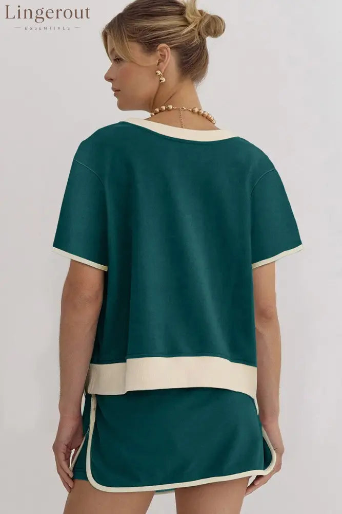 Women’s Colorblock Edge Drop Shoulder T Shirt Skort 2 Pcs Set