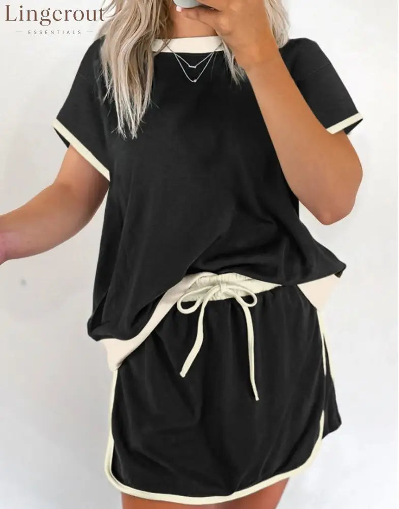 Women’s Colorblock Edge Drop Shoulder T Shirt Skort 2 Pcs Set - Black / S