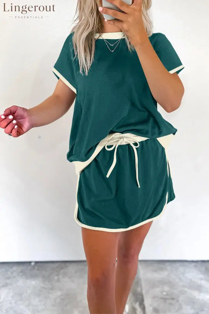 Women’s Colorblock Edge Drop Shoulder T Shirt Skort 2 Pcs Set - Green / S