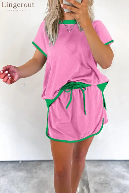 Women’s Colorblock Edge Drop Shoulder T Shirt Skort 2 Pcs Set - Pink / S