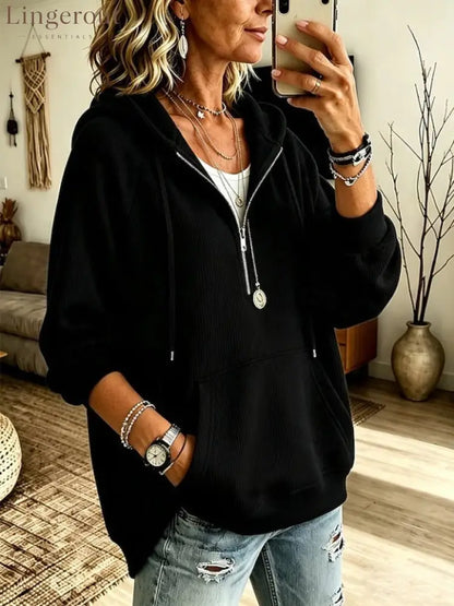 Women’s corduroy hooded sweatshirt - Black / S