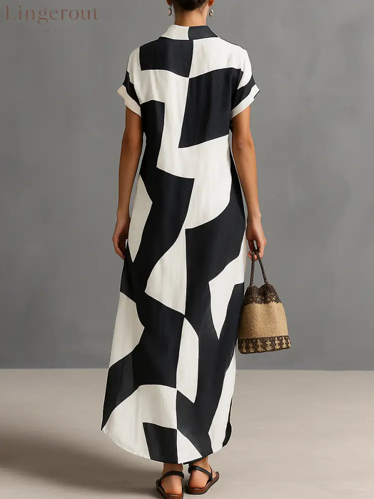 Women’s Cotton And Linen Blend Irregular Geometric Print Lapel Single-Breasted Short-Sleeved Maxi Shirt Dress