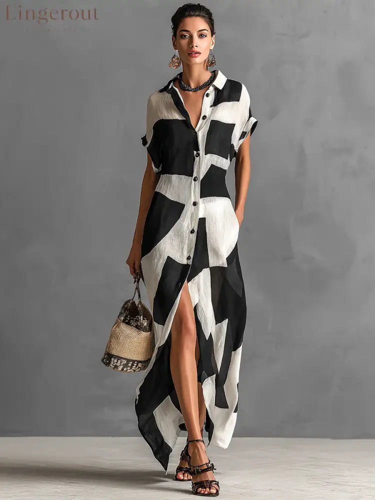 Women’s Cotton And Linen Blend Irregular Geometric Print Lapel Single-Breasted Short-Sleeved Maxi Shirt Dress