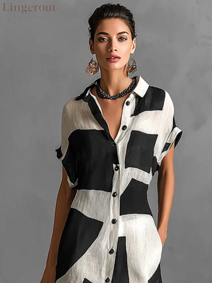 Women’s Cotton And Linen Blend Irregular Geometric Print Lapel Single-Breasted Short-Sleeved Maxi Shirt Dress