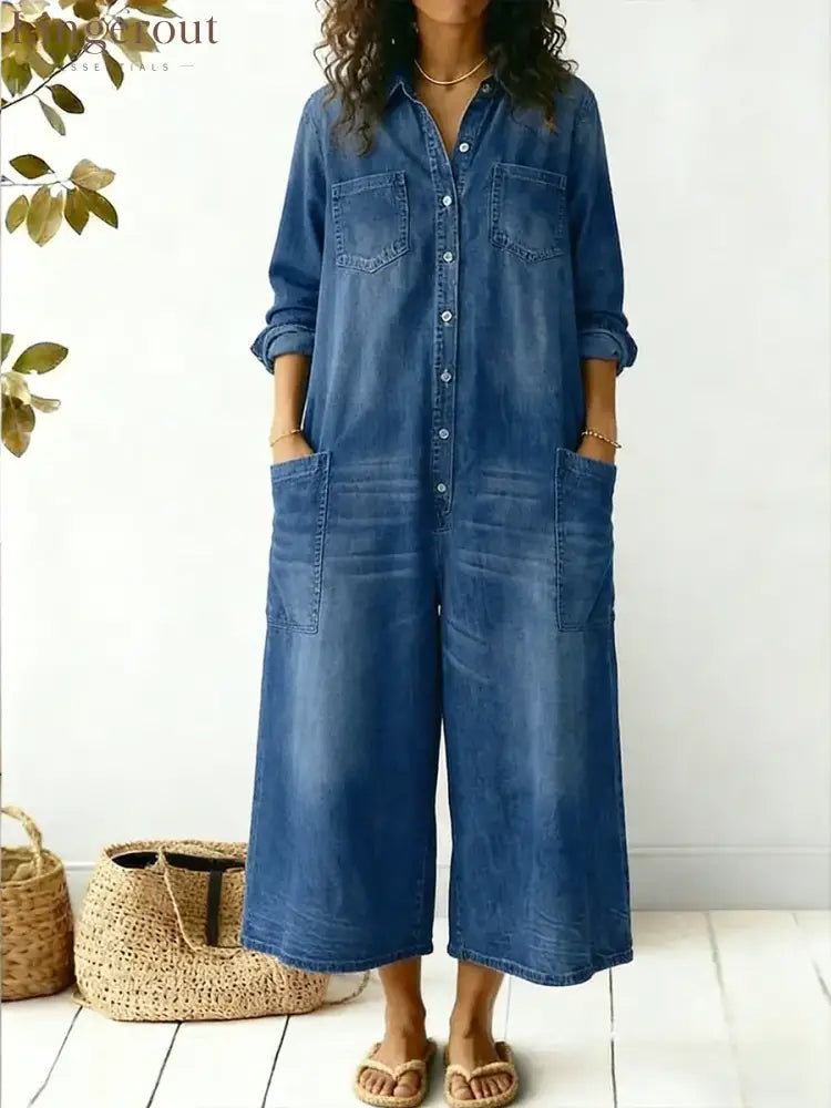 Women’s Cozy And Casual Denim Jumpsuit With Large Front Pockets
