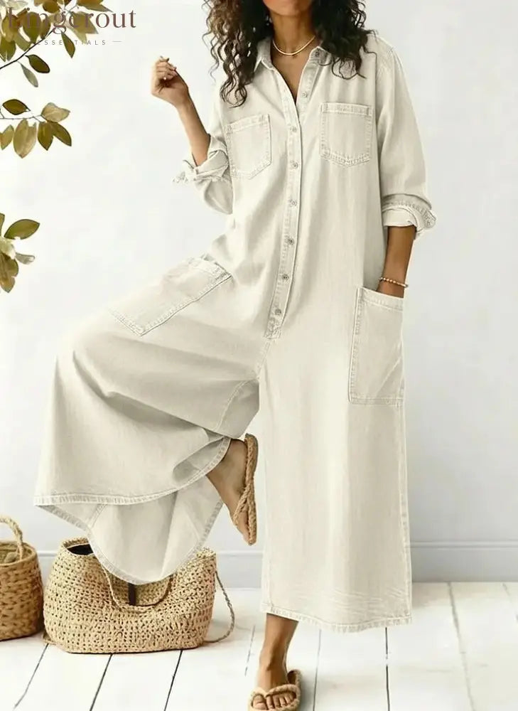 Women’s Cozy And Casual Denim Jumpsuit With Large Front Pockets - Beige / S