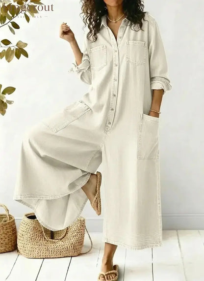 Women’s Cozy And Casual Denim Jumpsuit With Large Front Pockets - Beige / S