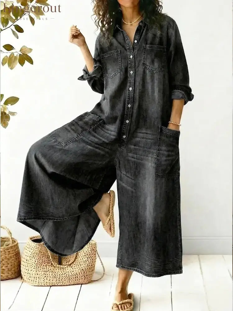 Women’s Cozy And Casual Denim Jumpsuit With Large Front Pockets - Black / S
