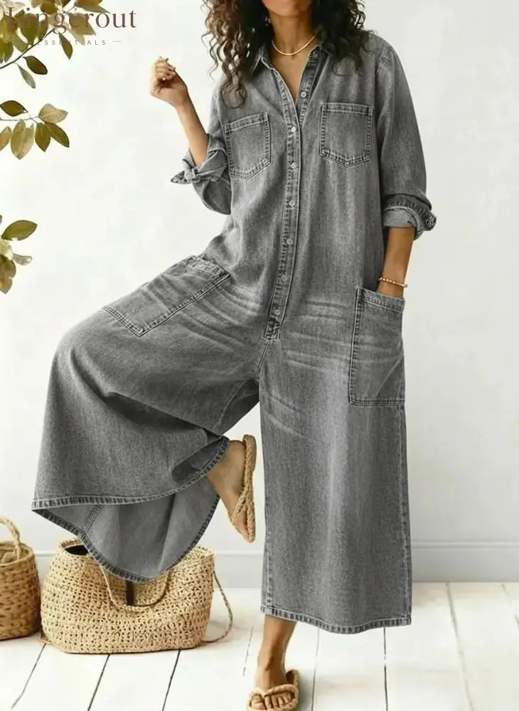 Women’s Cozy And Casual Denim Jumpsuit With Large Front Pockets - Gray / S