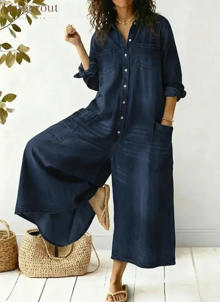 Women’s Cozy And Casual Denim Jumpsuit With Large Front Pockets - Navy / S