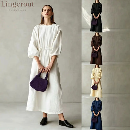 Women’s Cream Textured Cotton-Blend Maxi Gown With Drop Shoulder Lantern Sleeves & Self Tie Waist Detail Modern