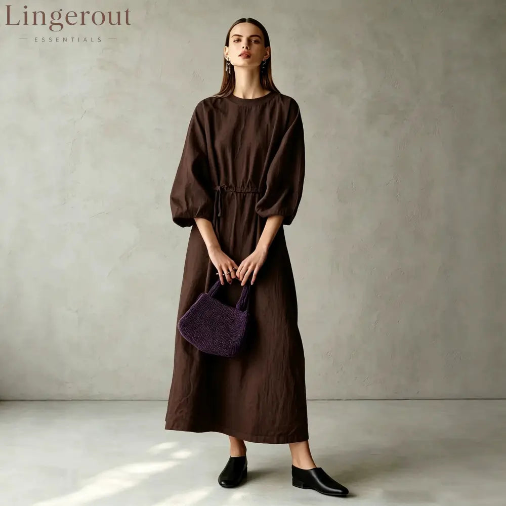 Women’s Cream Textured Cotton-Blend Maxi Gown With Drop Shoulder Lantern Sleeves & Self Tie Waist Detail Modern